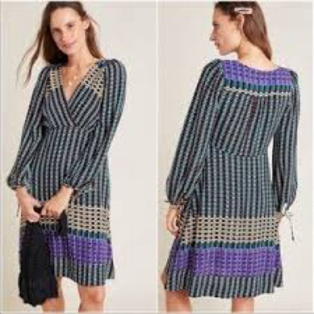 Anthropologie Black and Purple Patterned Long Sleeve Dress